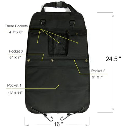 Black Car Seat Back Organizer with Multiple Pockets and Hooks