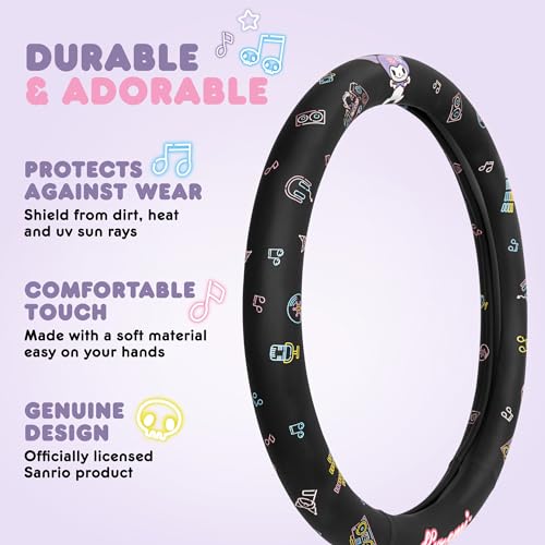 Sanrio Hello Kitty and Friends Kuromi Black Car Steering Wheel Cover, Universal Fit Cute Accessories for Women Stylish Decor Gifts Hello Kitty Accessories - Fits Standard Wheels 14.5"-15" - style: Kuromi Black