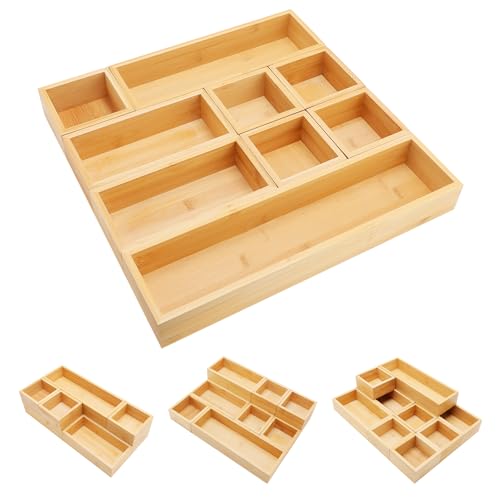 Bamboo Drawer Organizer Set, 9 PCS Multi-Use Individual Wood Storage Organizers, Junk Drawer Divider and Storage Trays Containers for Kitchen, Bathroom, Office Desk, Makeup, Jewelry, Utensils - size: 9
