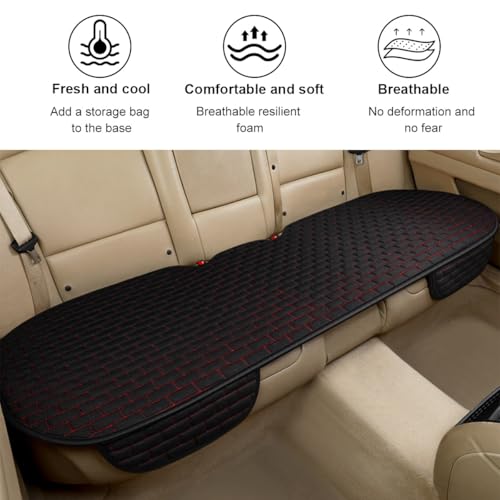KVAEY Linen Back Car Seat Cover, Anti-Slip Long Bottom Rear Seat Cover Protector with Storage Pockets, Breathable Linen Rear Bench Seat Protector Cushion Pad for Most Vehicles (Black & Red, Back)