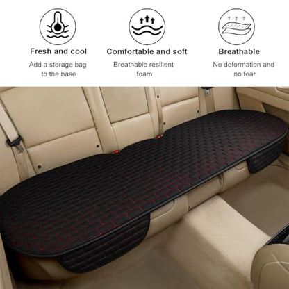 KVAEY Linen Back Car Seat Cover, Anti-Slip Long Bottom Rear Seat Cover Protector with Storage Pockets, Breathable Linen Rear Bench Seat Protector Cushion Pad for Most Vehicles (Black & Red, Back)
