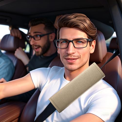 Beige Breathable PU Leather Seat Belt Covers - 2Pcs, Perforated Seat Belt Pads, Universal Fit for Car Truck SUV - color: ck-beige