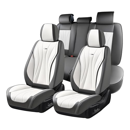 Coverado Front and Back Seat Covers, Waterproof Car Seat Cover, 5 Seat Leather Seat Cover for Cars, Universal Car Seat Protector, Automotive Seat Cover Car Seat Cushion Fit for Most Cars (Gray&White) - color: Gray&White, size: FullSet