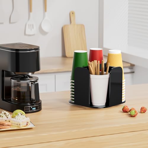 4-Compartment Countertop Cup Dispenser - Black Acrylic Cup and Lid Carousel Coffee Bar Accessories Rotating Beverage Cup Holder Disposable Paper Cup Organizer for Restaurant Kitchen Breakroom - color: Black