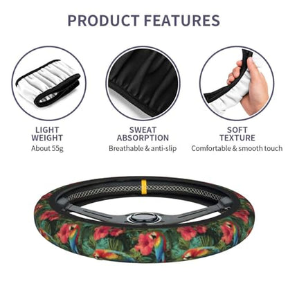 Tropical Floral Steering Wheel Cover Elastic Non-Slip Car Steering Wheel Covers with Seat Belt Shoulder Pad for Women Men - color: Tropical Floral