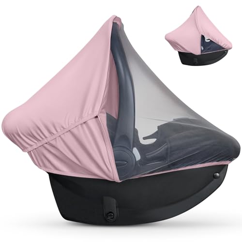 Summer Baby Car Seat Cover | 2-in-1 Breathable Carseat Sun Shade & Mosquito Net | UV Protection Lightweight Canopy Covers for Infant Girls | Bug Net Mesh for Warm Weather (Pink) - color: Pink