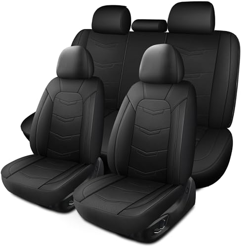 HChengkikz Car Seat Covers Full Set, Leather Car Seat Covers, Breathable and Sporty Car Seat Cover, Universal Fit Anti-Slip Seat Covers for SUV Cars Sedan and Truck (Full Seat, Black) - color: N2 Black, size: Full Set
