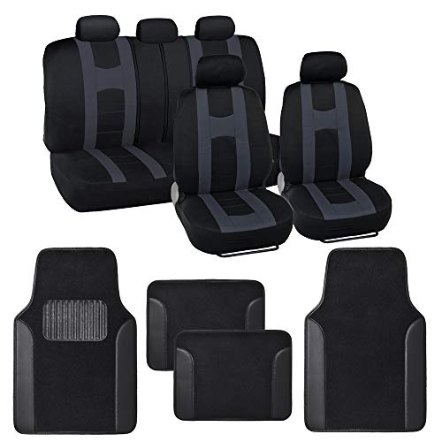 carXS Forza Series Charcoal Gray Seat Covers Full Set Combo with Car Floor Mats – Front and Rear Bench Cover & Floor Mat Protector Set, Interior Covers for Auto Truck Van SUV - color: Charcoal