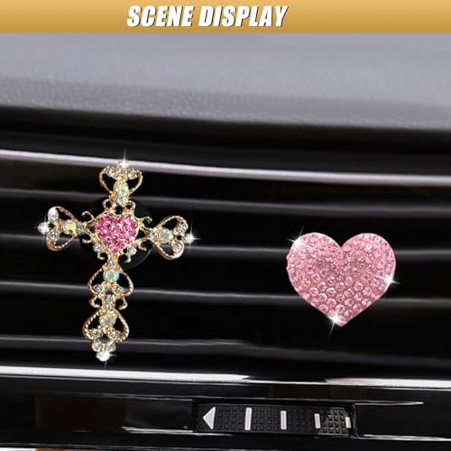 2PCS Bling Cross & Heart Car Dashboard Air Vent Trim Clip, Sparkly Rhinestone Car Air Vent Clips, Diamond Auto Diffuser Charm Clip, Auto Interior Decoration Accessory for Women Girls (Pink) - size: Pink