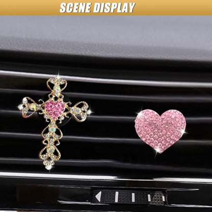2PCS Bling Cross & Heart Car Dashboard Air Vent Trim Clip, Sparkly Rhinestone Car Air Vent Clips, Diamond Auto Diffuser Charm Clip, Auto Interior Decoration Accessory for Women Girls (Pink) - size: Pink