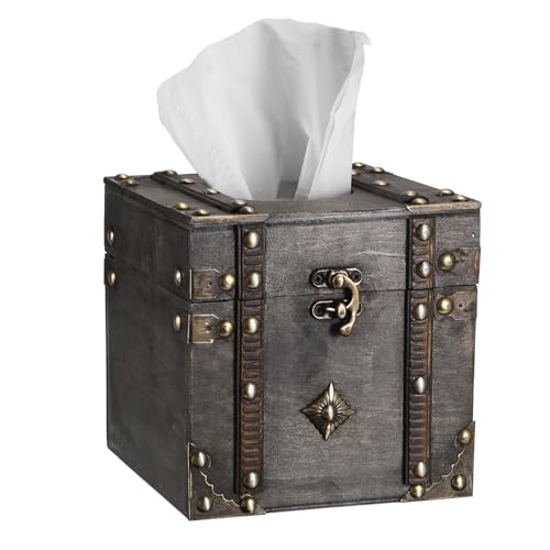 Sumnacon Tissue Box Retro Wood Square Tissue Box Cover Vintage Cube Tissue Box Holder,Decorative Tissue Holder for Bedroom Bathroom Toilet Table Desk Car Store Office Home,Grey - color: Grey