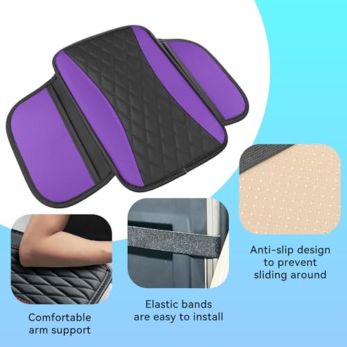 Patchwork Leather Car Center Console Cover,Microfiber Leather Vehicle Armrest Protector Cushion with 2 Storage Bags,Universal Cars Armrest Cushion for SUV, Sedan, Truck (Purple)