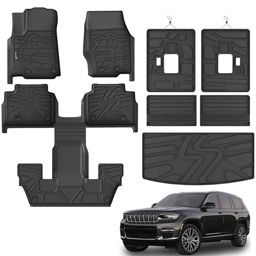 KARPAL Floor Mats for 2021-2025 2026 Jeep Grand Cherokee L (6-Seater w/o 2nd Row Center Armrest), All Weather TPE Custom Fit Floor Liners Car Mats Accessories, Cargo Liner & Backrest Mats - style: 2021-2026 | For Jeep Grand Cherokee L (6-Seat) | Full Set