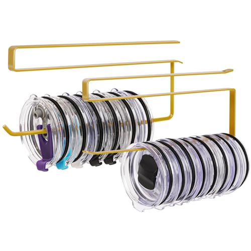 2 Pack Tumbler Lid Organizer, Horizontal Tumbler Lid Storage Hook Up to 20 Lids, Space Saving Cup Lid Holder Under Cabinet Tumbler Lid Hook for Kitchen Organizer, Paper Towel Hanger(Round&Flat, Gold) - color: Gold, size: 2 Pack(Round&Flat)
