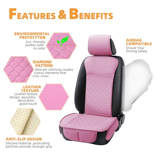 Elantrip 2PCS Front Car Seat Covers Pink Leather Auto for Women Airbag Compatible Diamond Pattern PU Seat Cover Universal Fitness - color: Pink, size: Front Set