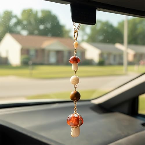 Mushroom Car Accessories for Women Cute Mushroom Car Hanging Ornament Boho Rear View Mirror Accessories Interior Car Decor Bag Charms Gifts for Women Girls (Light Brown Mushroom) - color: Light Brown Mushroom