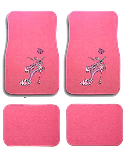 Universal Fit Front/Rear 4-Piece Full Set Crystal Bling Rhinestone Design Studded Carpet Car SUV Truck Pink Floor Mats - 4 Pcs Set (Pink Heel-Pink) - color: Pink Heel-Pink