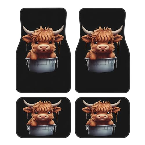 Universal Fit Car Floor Mats Set of 4Pcs, Highland Cow Print All-Weather Front Rear Car Carpet Mats, Non-Slip Car Floor Mat Car Accessories for Automotive Trucks SUV Sedans Vans - color: Highland Cow Print