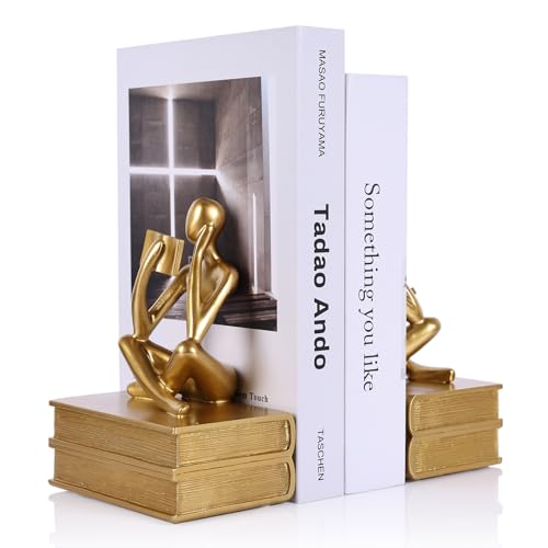Heavy Duty Book Ends for Shelves, Thinker Bookends Set of 2 Decorative Book Ends for Heavy Books, Modern Unique Shelf Decor for Home Office Living Room Desk - color: Gold