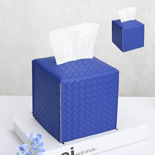 HOMOTEK 2 Pack Tissue Box Cover, Square PU Leather Tissue Holder, Decorative Facial Tissue Cube Paper Organizer Dispenser for Bathroom, Night Stands, Desk, Car 5X5X5'' - Woven Waffle,Blue - color: Blue, size: Woven Waffle