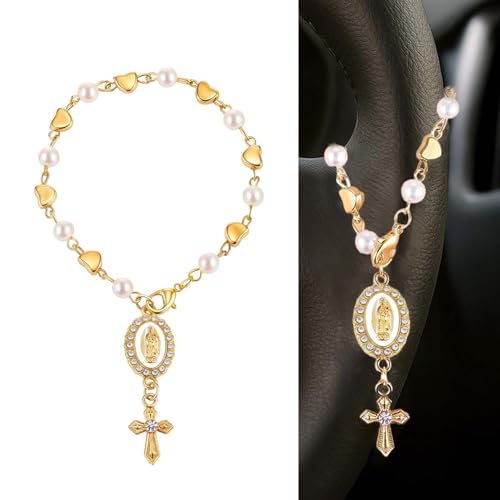 Steering Wheel Rosary Charm, Steering Wheel Accessory with Virgin Mary Charm & Cross, Pearl Heart Chain Catholic Car Interior Hanging Decor (White2) - color: White2
