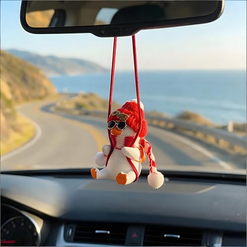 Christmas Swinging Duck Car Hanging Ornament, Cute Red Knit Hat Rearview Mirror Charm, Non-Obstructive Gypsum Car Decor Pendant, Festive for Drivers - color: Christmas Duck