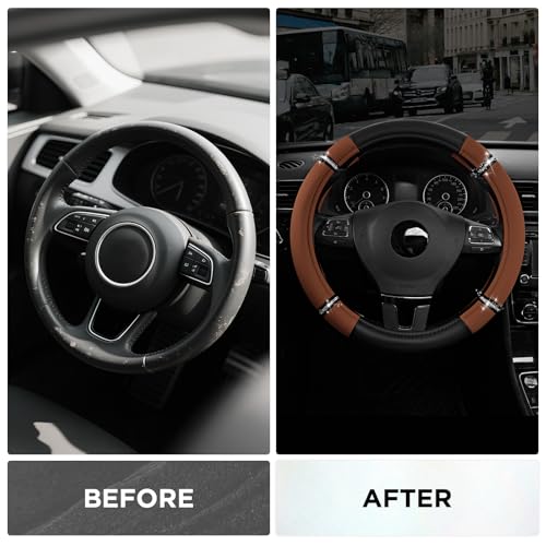 Road Comfort Leather Steering Wheel Cover – Premium Anti-Slip Car Steering Wheel Grip Cover – Universal Fit for 14.5”–15” Cars, Trucks & SUVs - Purple - color: Brown