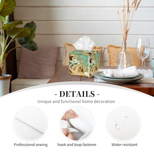 Starfish Seashell on Summer Beach Tissue Box Cover Square, Starfish Seashell Tissue Box Holder Waterproof Leather Facial Paper Organizer Dispenser for Bathroom Home Car Nightstand Vanity Desk - color: Color-2