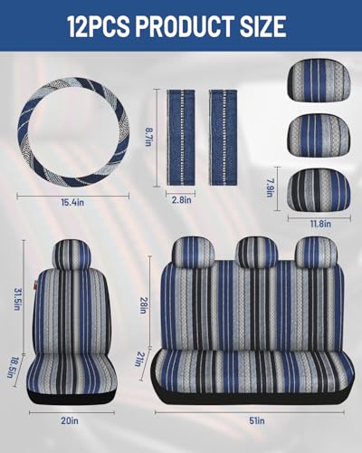 Baja Saddle Blanket Car Seat Covers Front Set with Seat Belt Pads, Washable Breathable Striped Woven Cloth Seat Covers for Cars, SUV, Truck, Airbag Compatible(Blue) - color: Blue, size: Front Set