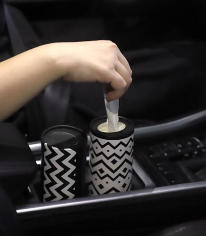 Winoo Design Small Car Tissues Holder - 4PK Modern Black Plastic & Resin Facial Tissues Cylinder - Fits Most Car Cup Holders - Travel Tissue Tubes Box Container