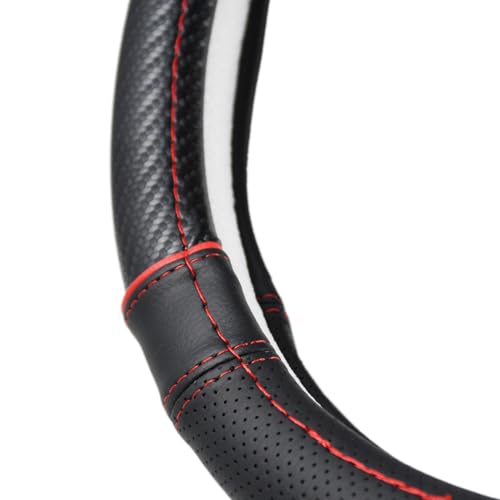 Carbon Fiber + Leather Steering Wheel Cover with Sporty Top Stripes, Non-Slip and Sweat Absorbent Universal fit 14 ½ to 15 inches SW for Most Car SUV Pickup - color: carbon pattern+black leather grip+stripes