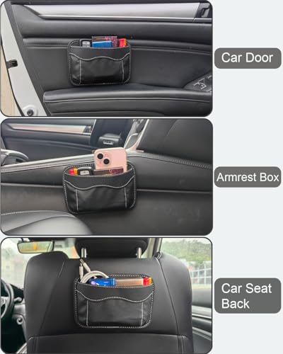 Reusable Adhesive Small Car Seat Side Pocket Organizer, No Residue Removable PU Leather Car Storage bag, Universal Vehicle Door & Console Pouch for Phone Keys Wallet etc, Black
