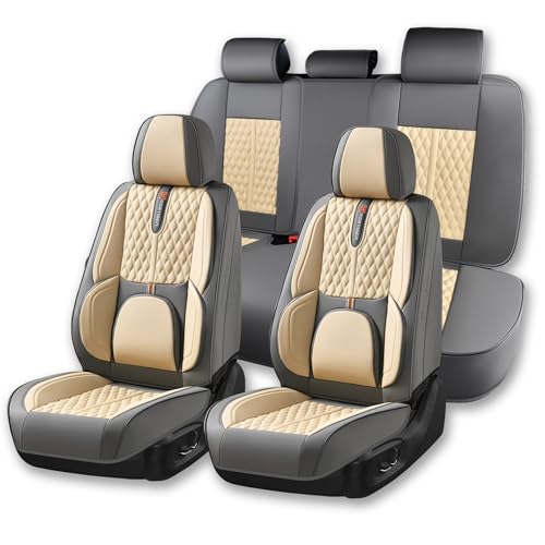 Car Universal Seat Cover, Khaki Seat Cover, 5-Piece Full Set, Waterproof and Wear-Resistant Artificial Leather, Protects Car Seats, with Lumbar Support, Fits Most Cars, Airbag Compatible - color: B_Light Taupe