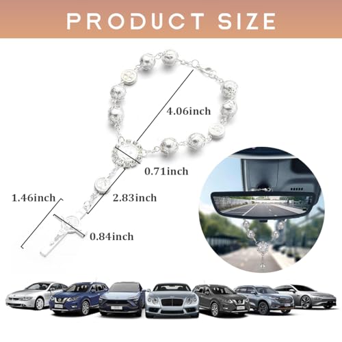 Car Rosary for Rearview Mirror, Personalized Rear View Cross Blessing Beads Decor, Auto Rearview Catholic Rosary Hanging Pendant, Car Interior Hanging Accessories (Silver)