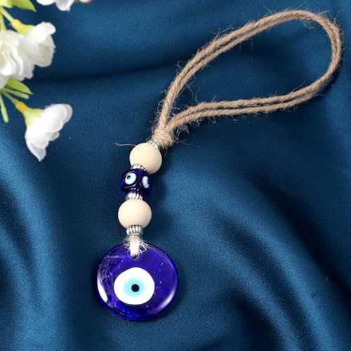 COMNICO Evil Eye Car Hanging Ornament, Classic Blue Evil Eye Beaded Charms Rear View Mirror Pendent Decor Car Accessories for Window Door Wall - style: Wooden beads