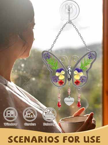Butterfly Suncatcher Grandma Stained Glass Sun Catcher for Windows Hangings Ornament with Pressed Real Flower Wings in Glass and Metal Heart Charm Birthday Gift for Women Mothers Day Christmas - style: Grandma