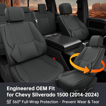 W&PMAX Custom-Fit Black Seat Covers Full Set for Chevy Silverado & GMC Sierra 2007–2026, Fit 1500/2500/3500HD Crew/Double/Extended Cab, Waterproof Leather Truck Seat Protectors