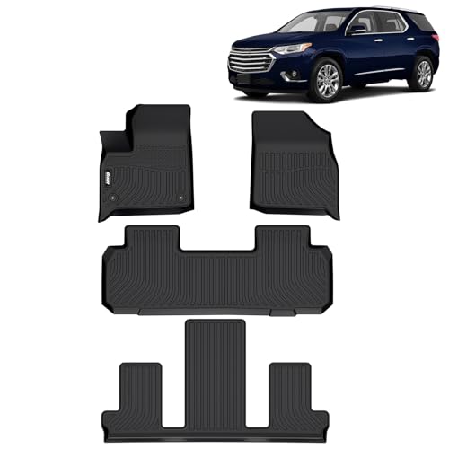 FREEMOTOR802 Compatible With 2018-2024 Chevrolet Traverse 7 Seats Floor Mats, Black 3D Molded Carpets Liner 1st 2nd Row Front Rear Protection Pad 4PC TPE Thermo Plastic Elastomer All Weather Protector - size: For Chevrolet Traverse 7 Seats 2018-2024