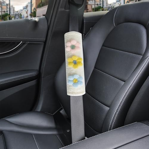 2-Pack Soft Seat Belt Covers Universal Car Shoulder Pad Cushions for Comfortable Driving & Bag Strap Protection White Fuzzy Flower (Light Blue, Yellow & Pink) - color: Light Blue Yellow Pink Flower