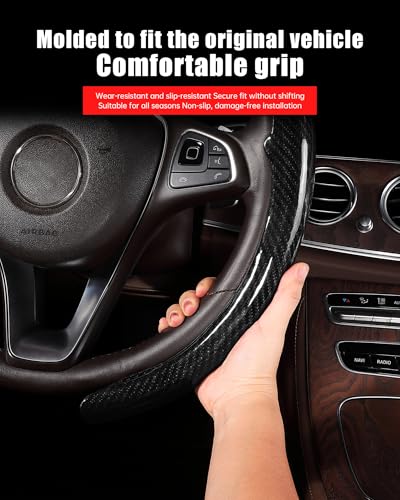 Car Steering Wheel Cover - Integrated Carbon Fiber Pattern Protective Sleeve with Hub Cap Anti-Slip Design - Fits 99% of Models Suitable for 14-16 Inch Sedans, SUVs, and Trucks Interior Accessories