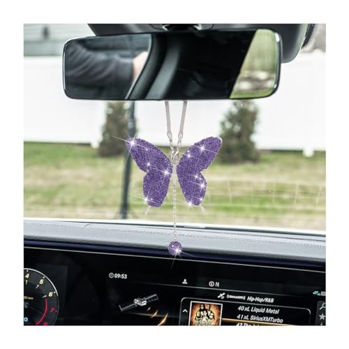 zipelo Bling Butterfly Diamond Car Accessories, Crystal Car Rear View Mirror Charms for Women, Car Decoration Lucky Gifts Hanging Interior Crystal Ornament Pendant Decor for All Cars (Purple) - color: Purple