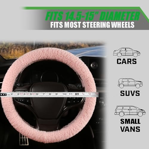 Fuzzy Warm Steering Wheel Cover for Winter, Soft Fleece Steering Wheel Cover for Women Men with Upgraded Silicone Inner Ring and Plush, Anti-Slip, Odorless Car Interior, Universal 14.5-15 Inch (Pink)