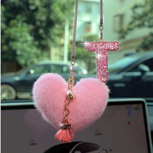 Bling Pink Car Accessories for Women Letter Charm, Rainbow Color Rear View Mirror Cute Crystal Pendant Car Decorations, Lucky Gifts Diamond Rhinestone Charm Interior (T, Tassel Heart) - color: Pink T