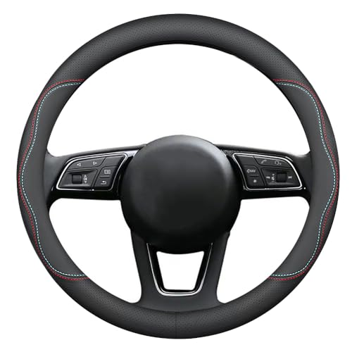 HAOTULE New Nappa Leather car Steering Wheel Cover, Universal 15 inch Black - color: black (red and blue)