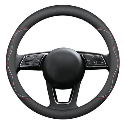 HAOTULE New Nappa Leather car Steering Wheel Cover, Universal 15 inch Black - color: black (red and blue)
