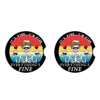 Funny Skull with Coffee Ceramic Cup Holders Car Coasters Set for Women/Men,2.56" 2 Pack for Absorbent Cup Car Holders, Coasters with A Finger Notch - color: Funny Skull With Coffee