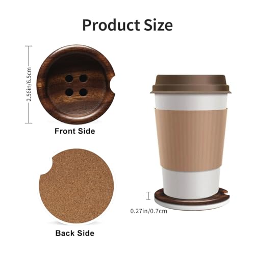 Wooden Buttons 2 Pack Car Cup Holder Coasters Absorbent Ceramic Drink Coasters 2.56" Universal Anti Slip Cup Mat with Non-Scratch Cork Base Finger Notch Auto Accessories Interior for Women Men