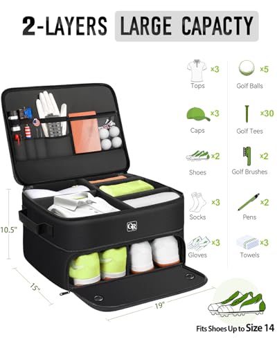 Odor-Absorbing 2-Layer Large Golf Trunk Organizer with Activated Carbon Fabric - Water-Resistant Golf Shoe Bag for Shoes Balls Tees Clothes Gloves Golf Accessories, Fathers Day Dad Gifts for Men
