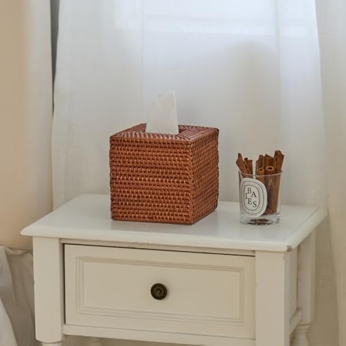 2 Pack Square Rattan Tissue Box Cover, Hand Woven Wicker Tissue Holder, 5.5 x 5.5 X 5.7 inches, Brown - color: Honey Brown, size: Square (5.7"H) (Set of 2)