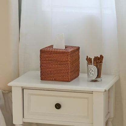 2 Pack Square Rattan Tissue Box Cover, Hand Woven Wicker Tissue Holder, 5.5 x 5.5 X 5.7 inches, Brown - color: Honey Brown, size: Square (5.7"H) (Set of 2)